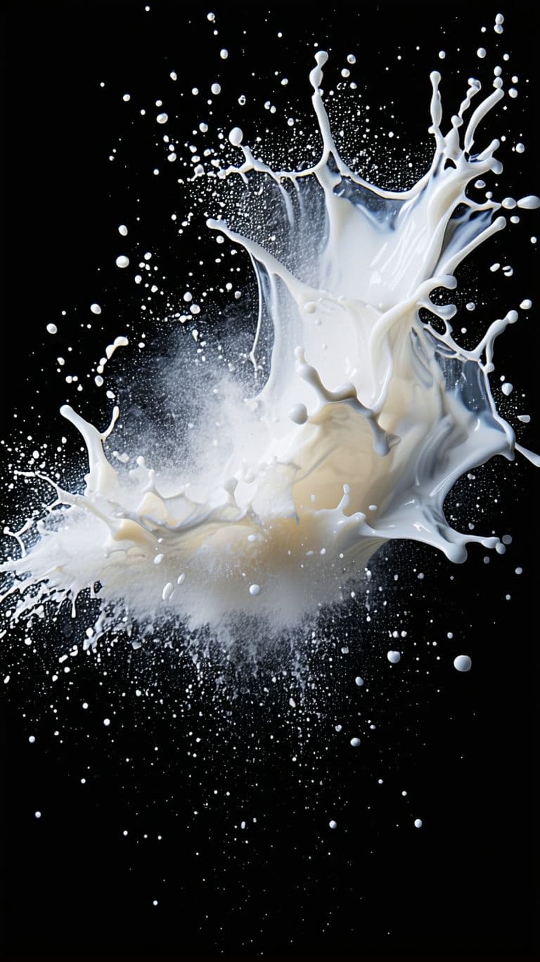 AI generated: milky splashes with powder hq background fine art, powder, studio lights, fluid, black background, e...