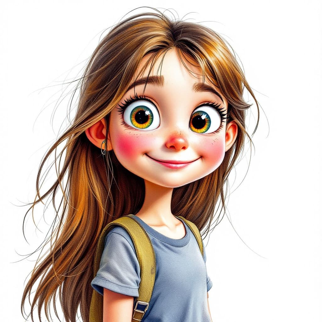 AI generated: Cartoon pencil drawing, cute little girl, 5 years old, colored pencils, Pixar style, hilariously fun...