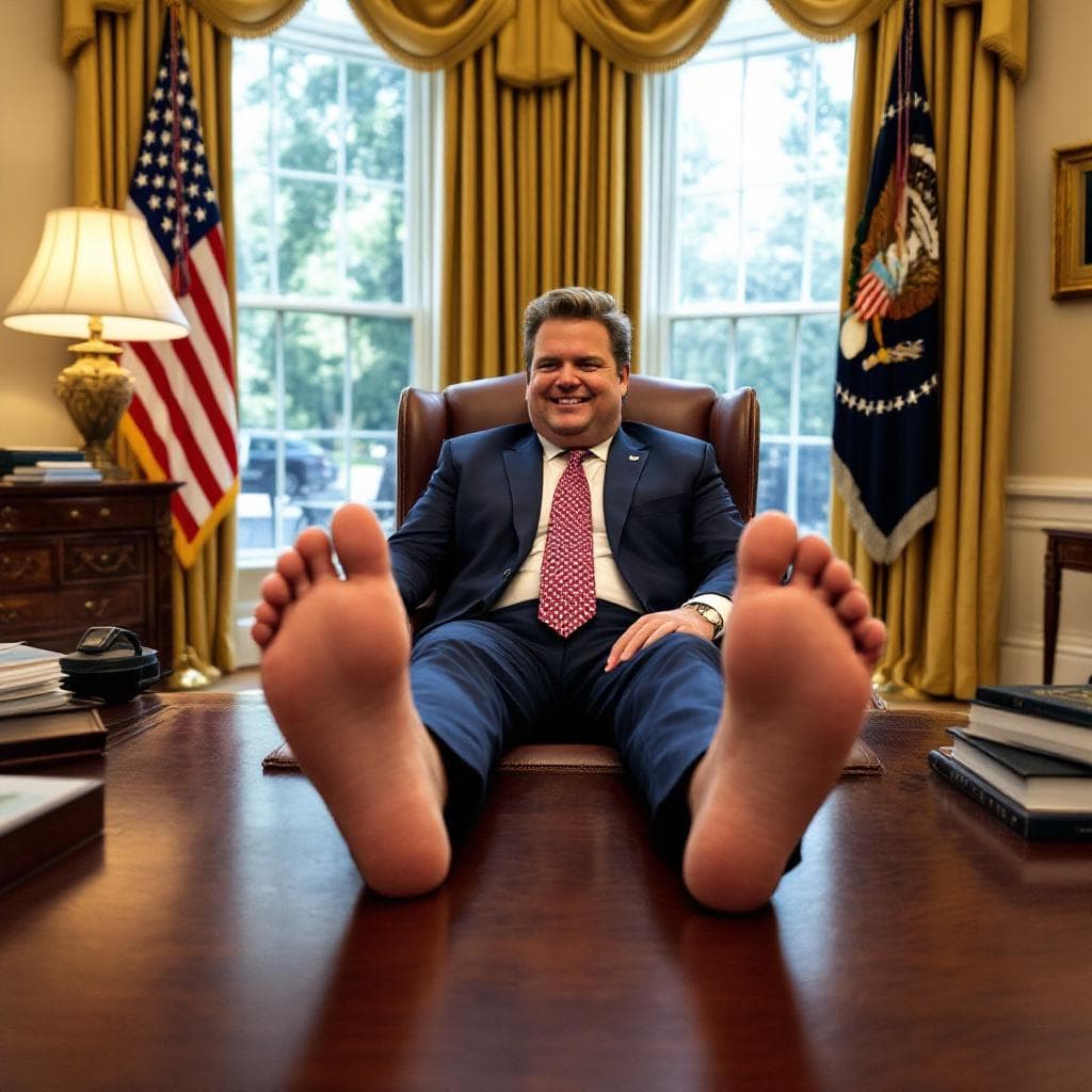 AI generated: JD Vance sitting in the oval office barefoot with feet up on the desk 