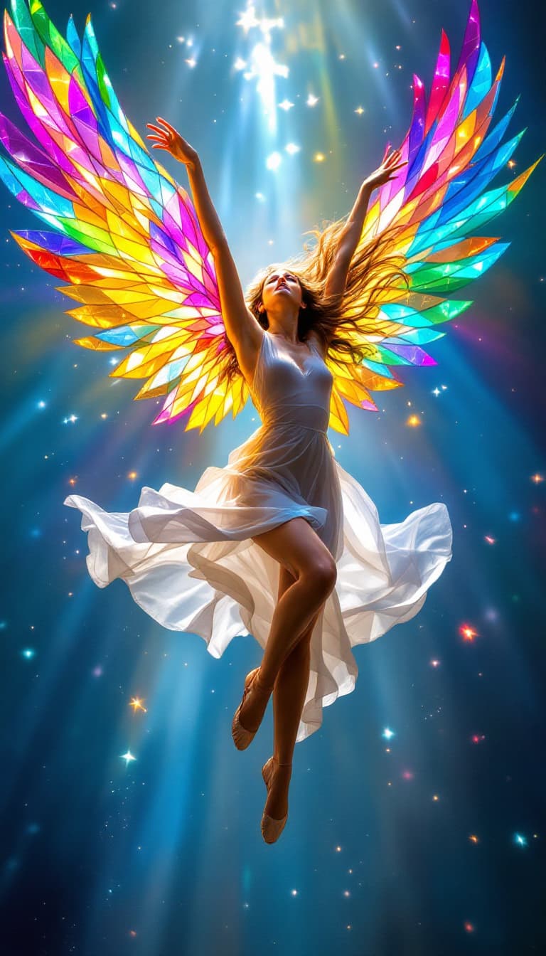 AI generated: 21. A breathtaking, full-body scene of a woman soaring through the air with wings made entirely of s...