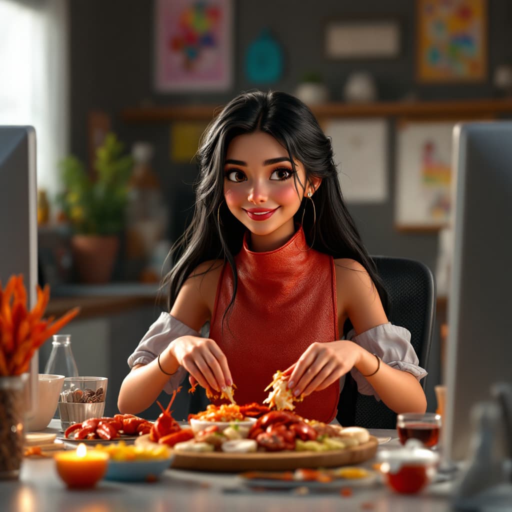 AI generated: a spanish, long black haired young lady sitting at her work office cubicle. she is happily feasting ...