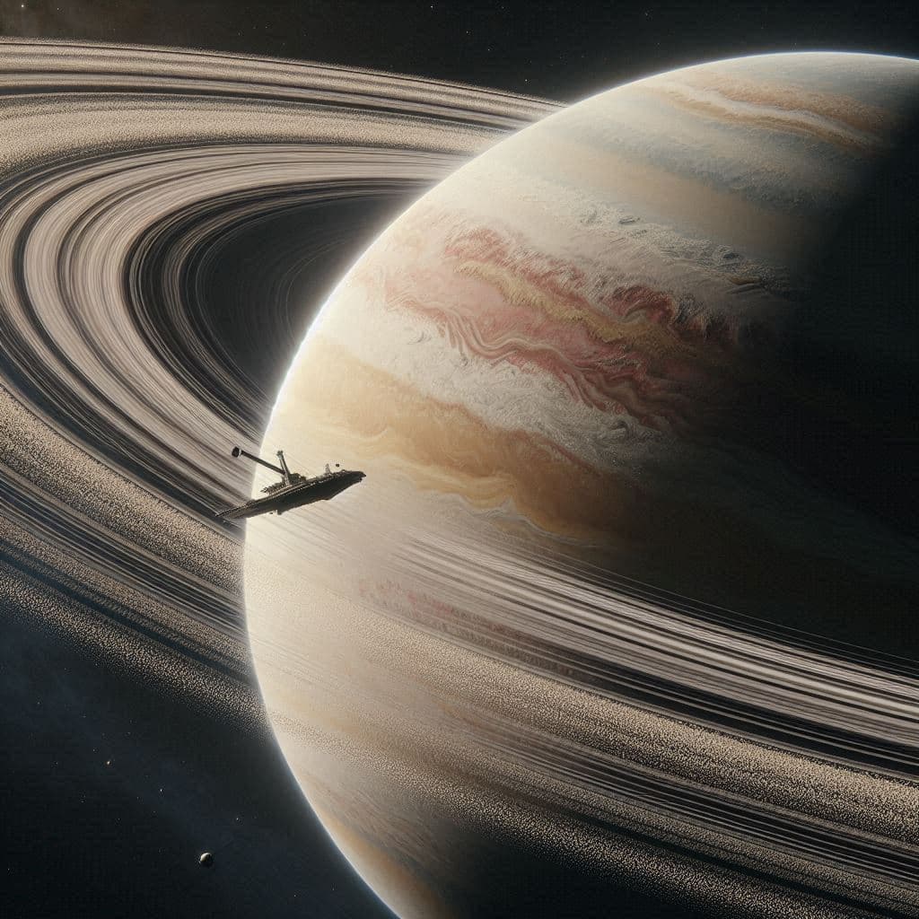 AI generated: A close view of the rings of a giant planet, showing their grainy texture. The USS Voyager passing i...