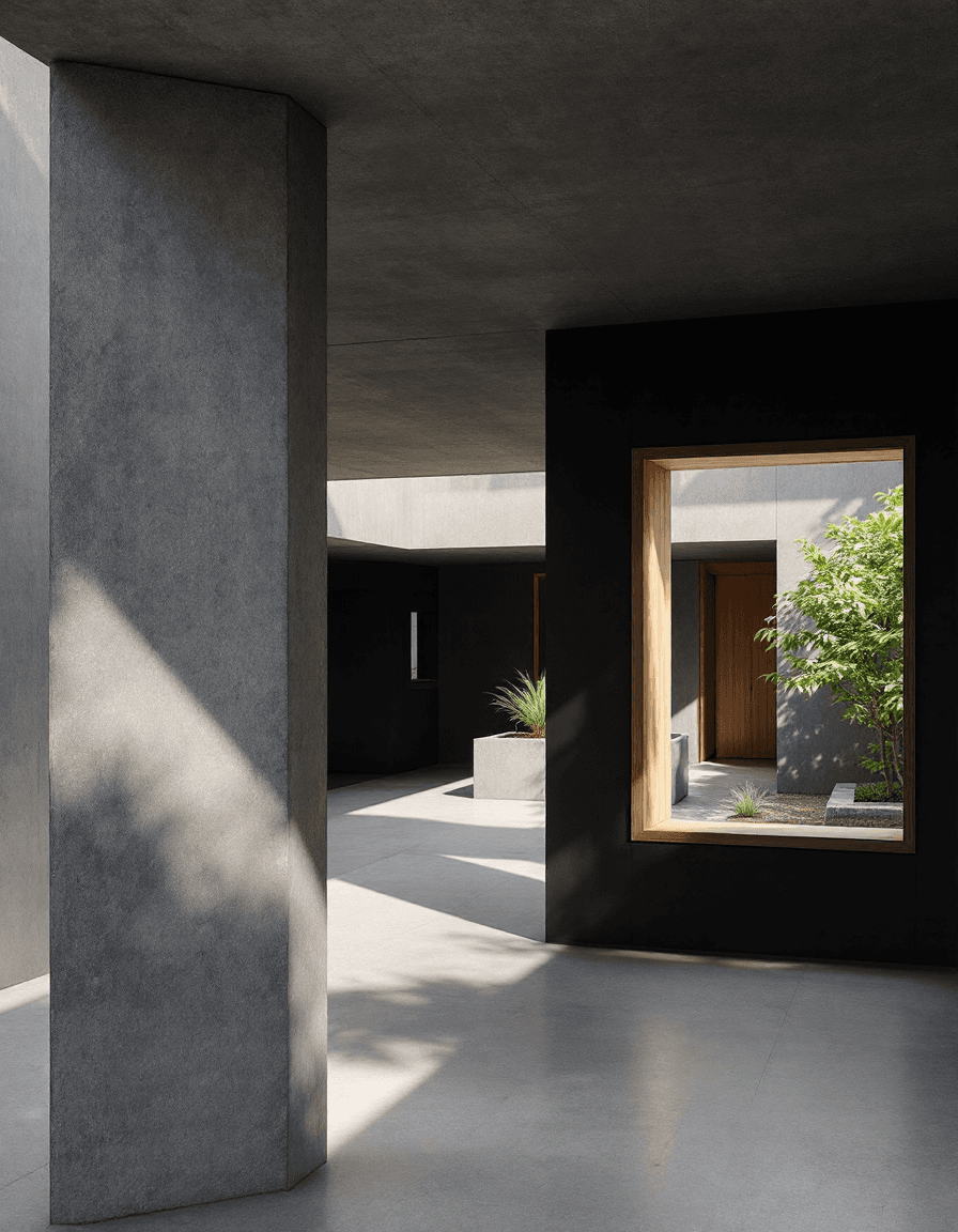 AI generated: This photograph showcases a modern, minimalist architectural structure with a focus on concrete and ...