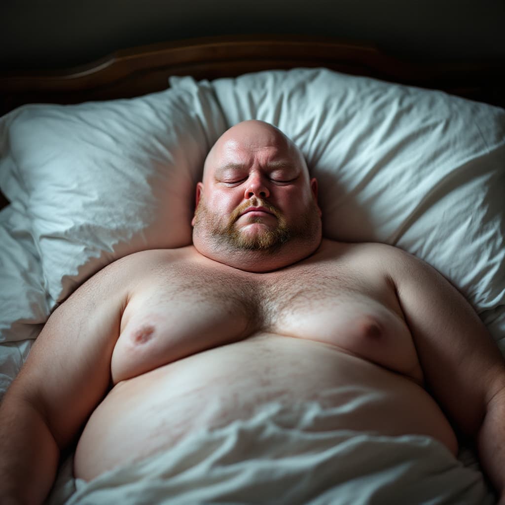 AI generated: a 50 year old obese bald white man, lies in the bed, big shiny thick ass, full body photo