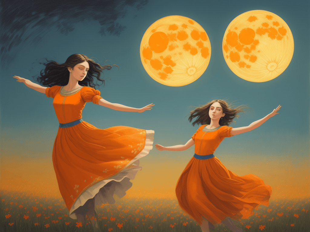 AI generated: a painting of a girl walking in a field under a full moon, in the style of graceful movement, orange...