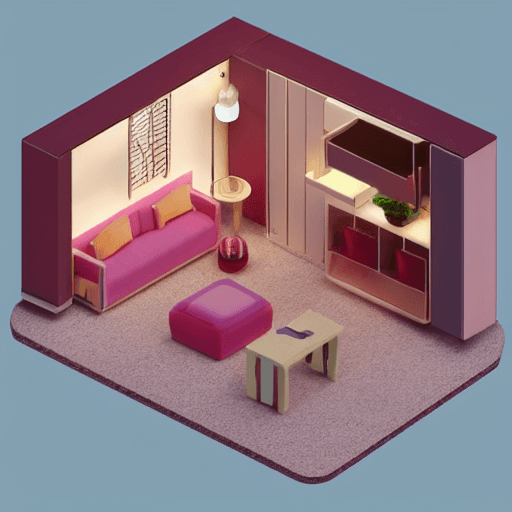 AI generated: Tiny cute isometric living room in a cutaway box, made of rhodochrosite, soft smooth lighting, soft ...
