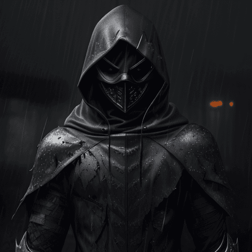 AI generated: masked man, dark torn hood, dark rainy foggy night, intricate dark and chrome battle damaged armor, ...