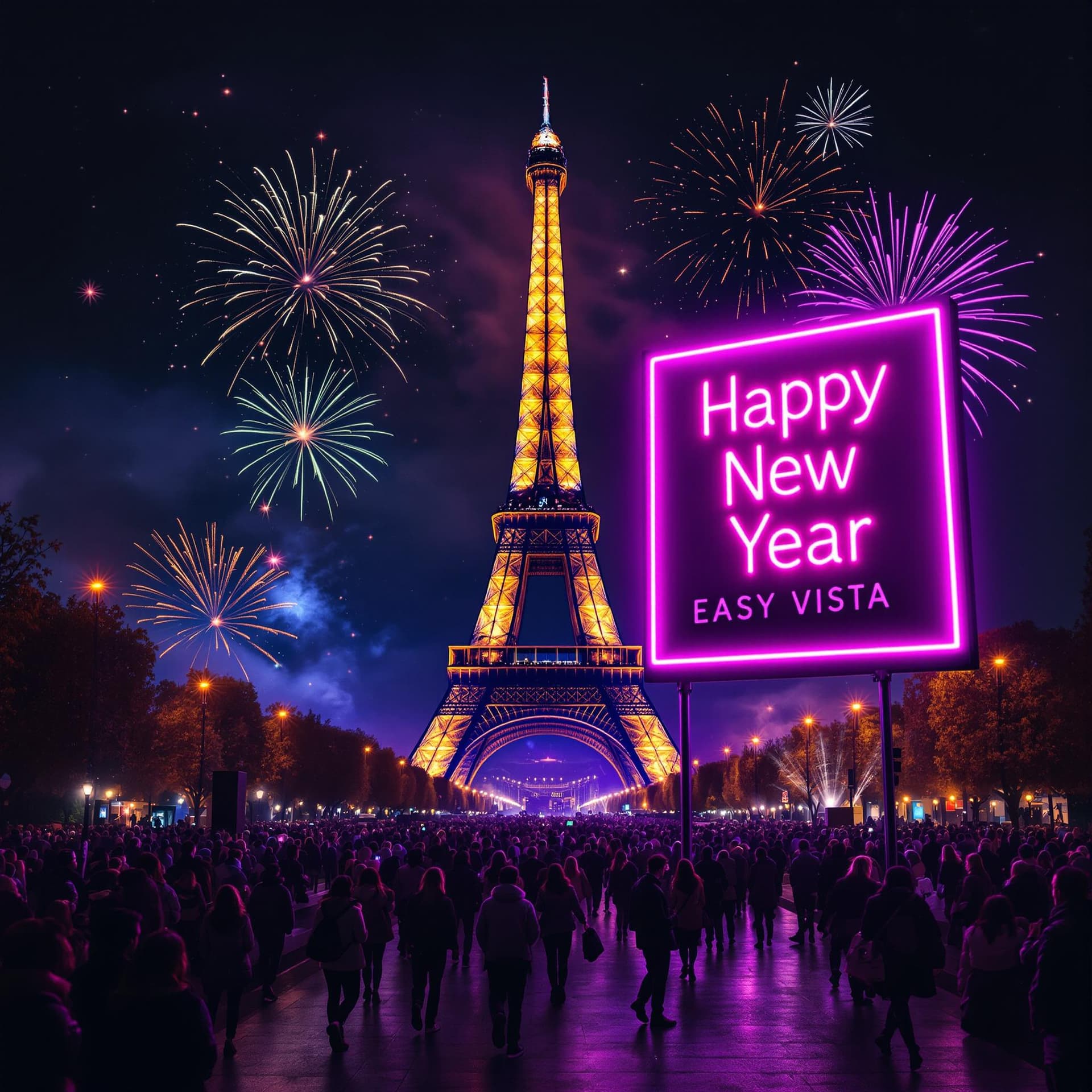 AI generated: Create a lively and festive image of people celebrating New Year's Eve in Paris in front of the Eiff...
