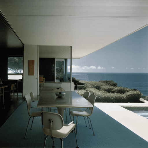 AI generated: Hyper realistic eye level exterior photo of a mid century modern style house overlooking the ocean, ...