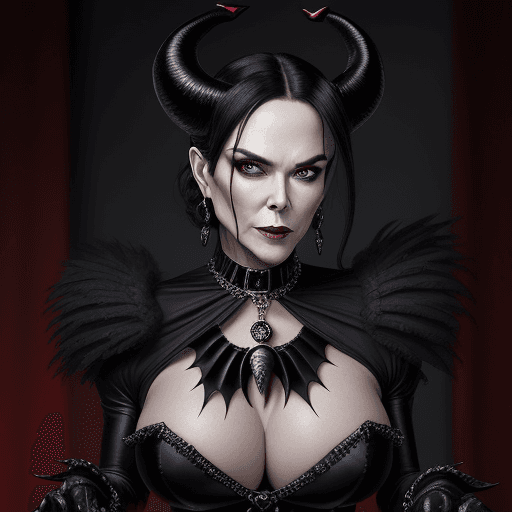 AI generated: A 50-year-old domina demon head-mistress, exuding an aura of authority and allure. With a striking r...