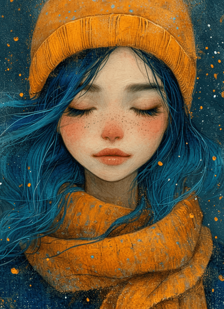AI generated: a girl with blue hair with eyes closed, in the style of the stars art group (xing xing), yellow and ...