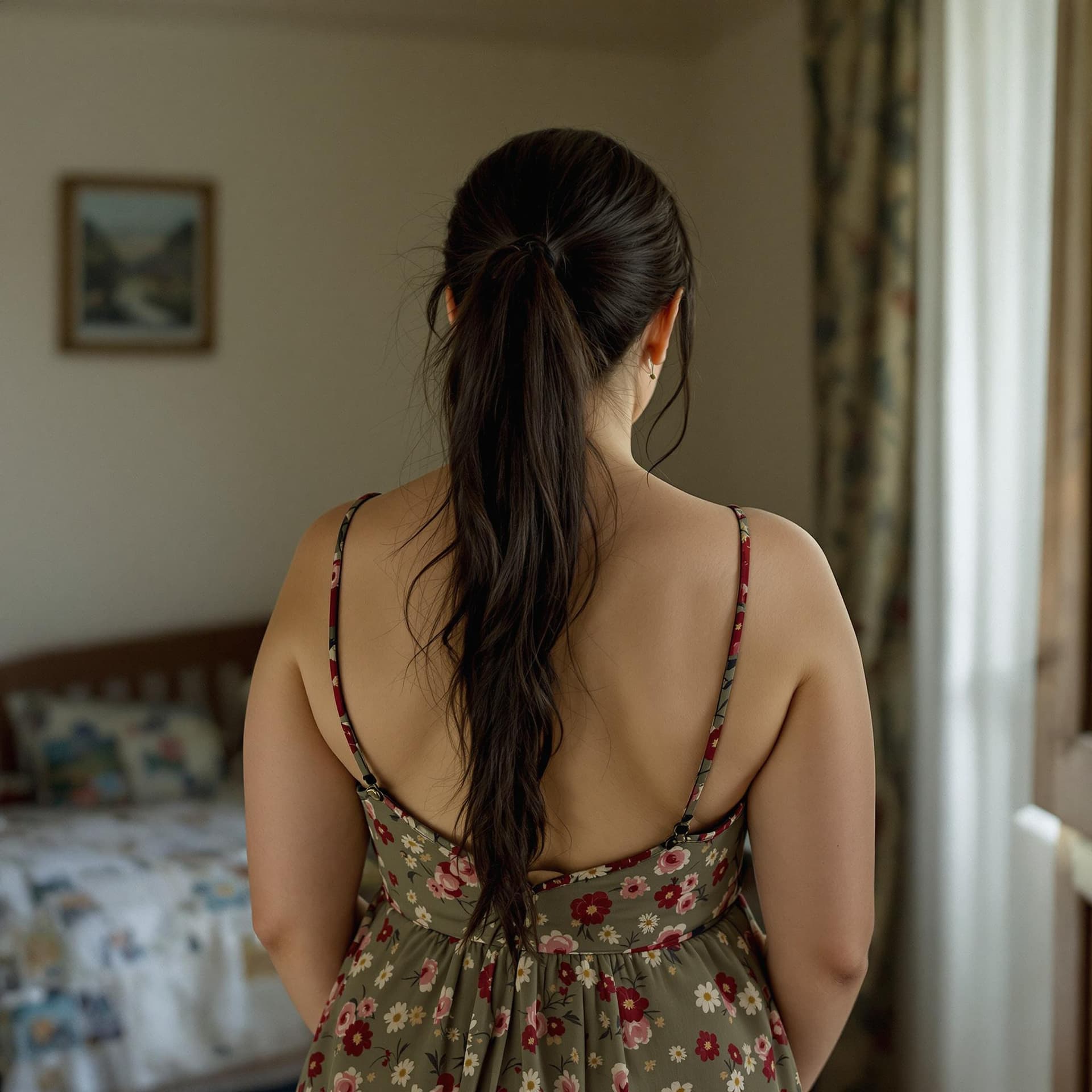 AI generated: back angle, open back dress, chubby  russian mother age mid 50 in very  long dark ponytail hair, hai...
