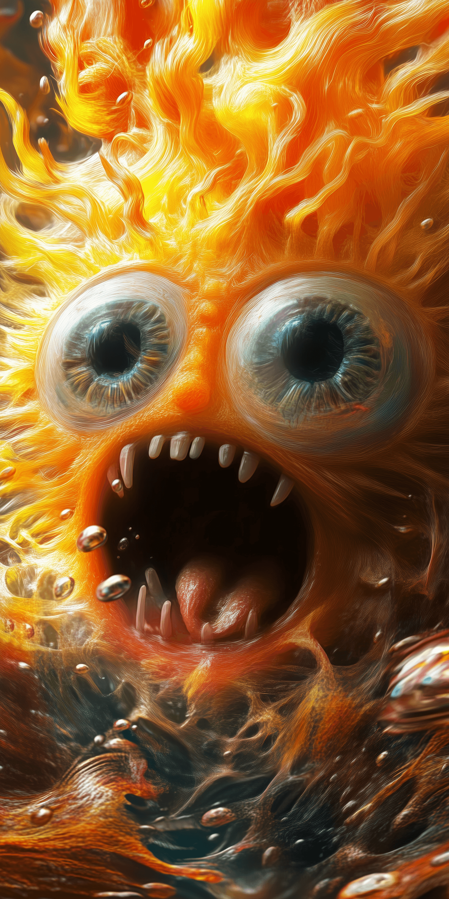 AI generated: A funny-quirky illustrative cinematic close-up of a funny creature with bulging eyes and wild yellow...