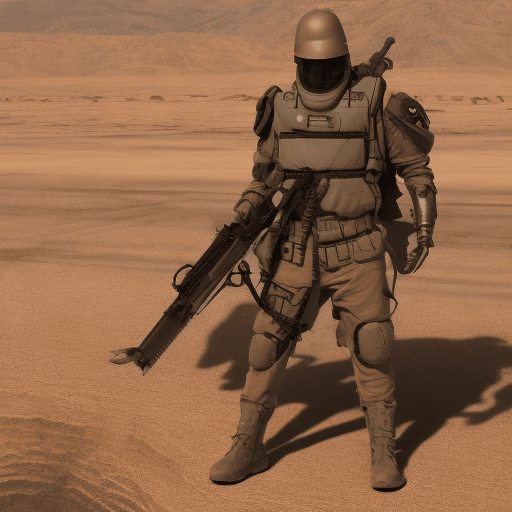 AI generated: character, futuristic post-apocolyptic desert security force, peacekeeper, open desert, wide angle, ...