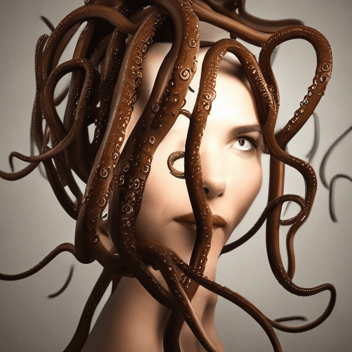 AI generated: 3d render cycle photorealism photograph depicts a woman with iron tentacles futuristic