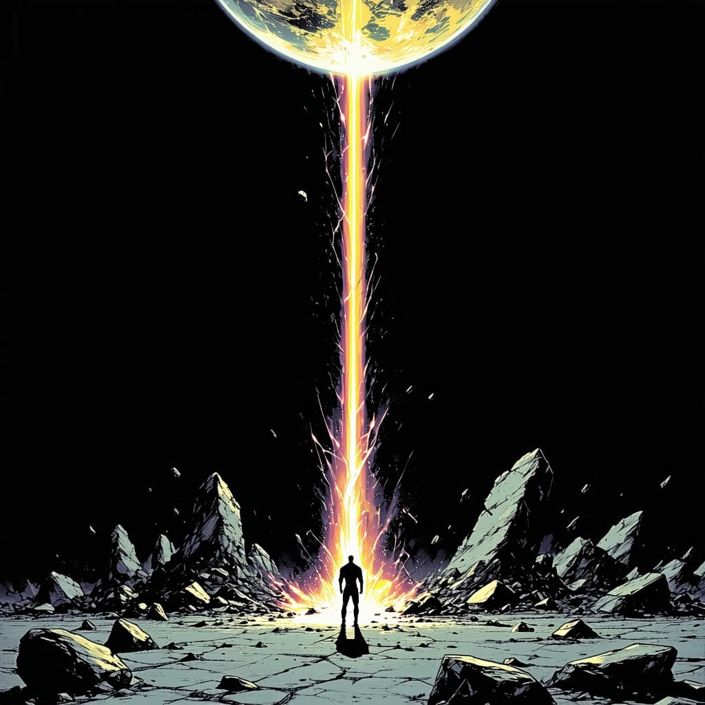 AI generated: Darkwave, synthwave,  epic music album cover. It portrays a close up of a floating very muscular per...