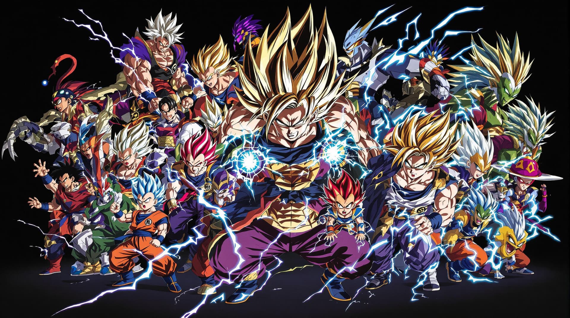 AI generated: High resolution dragon ball,use all original characters, including non fighter`s,dark background