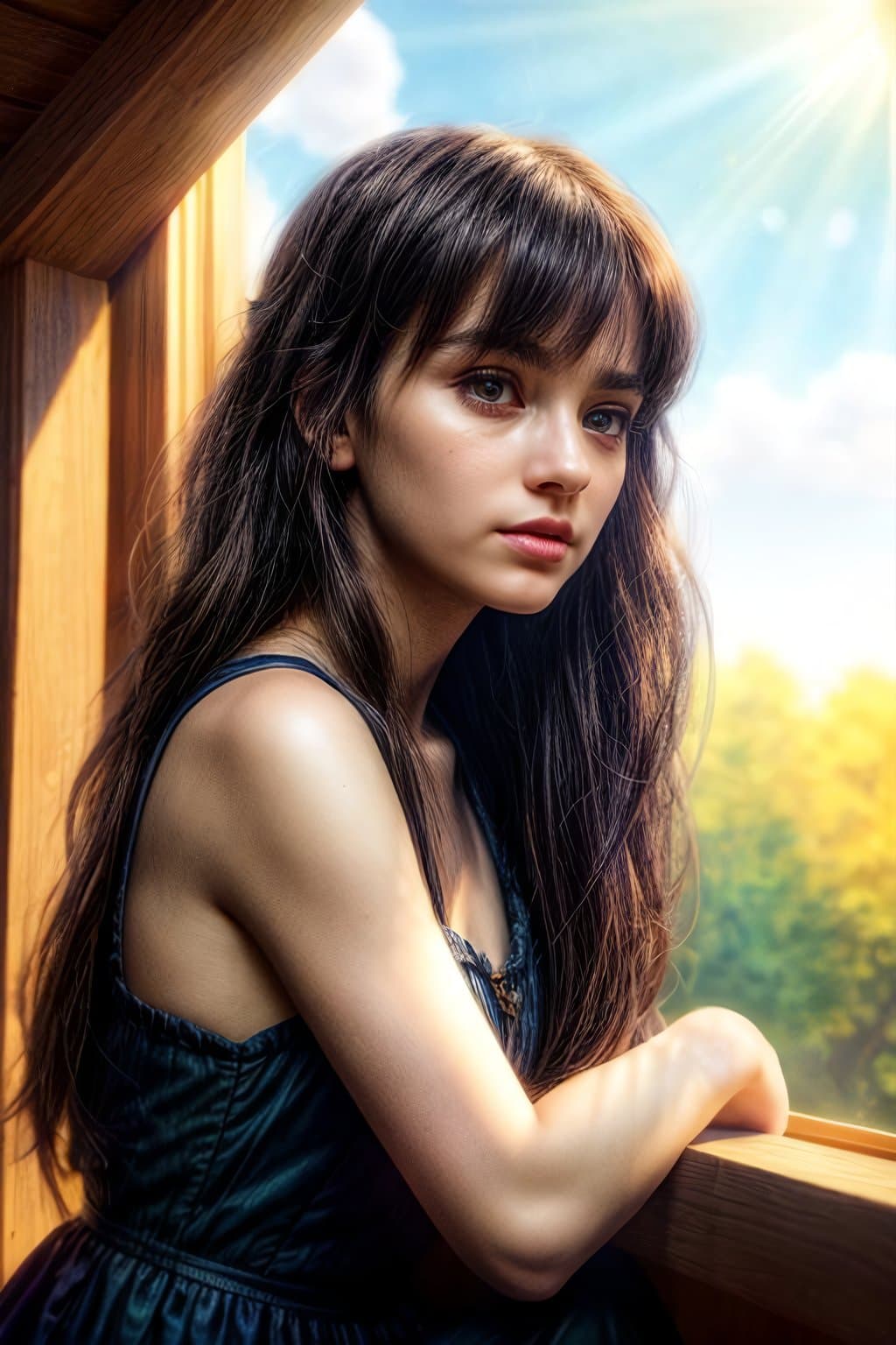 AI generated: close up shot, cinematic shot, a mythical young witch sitting near window, enjoying afternoon time, ...