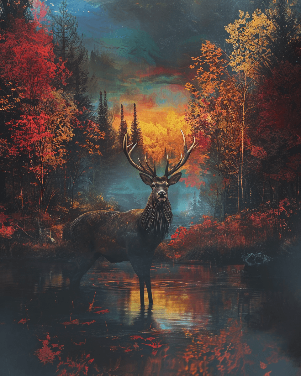 AI generated: a stag in a forest in autumn, in front of a lake, end of day, leaves, surreal, tame colors --ar 4:5 ...