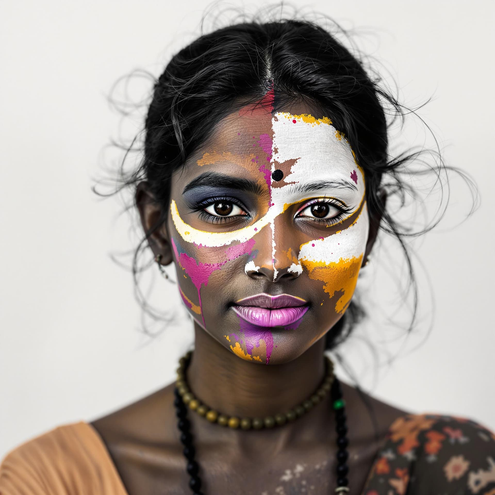 AI generated: Modern Indian Kerala girl with paint on her face, in the style of different colors, master of ink, a...