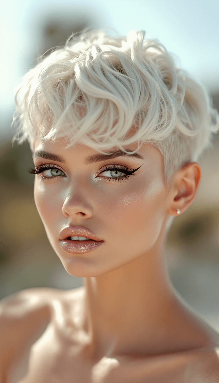 AI generated: a beautiful model with an avant-garde wavy haircut, she is looking into the camera, winged eyeliner,...