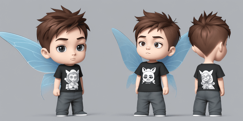 AI generated: front view of an animated boy standing wearing tshirt character design, full body, drawing a face in...