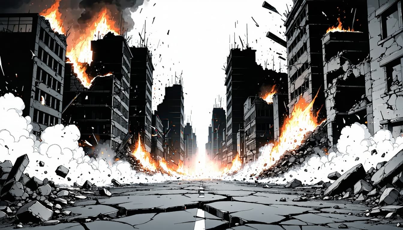 AI generated: Black and white manga-style background of a destroyed city at night during an intense battle. The ca...