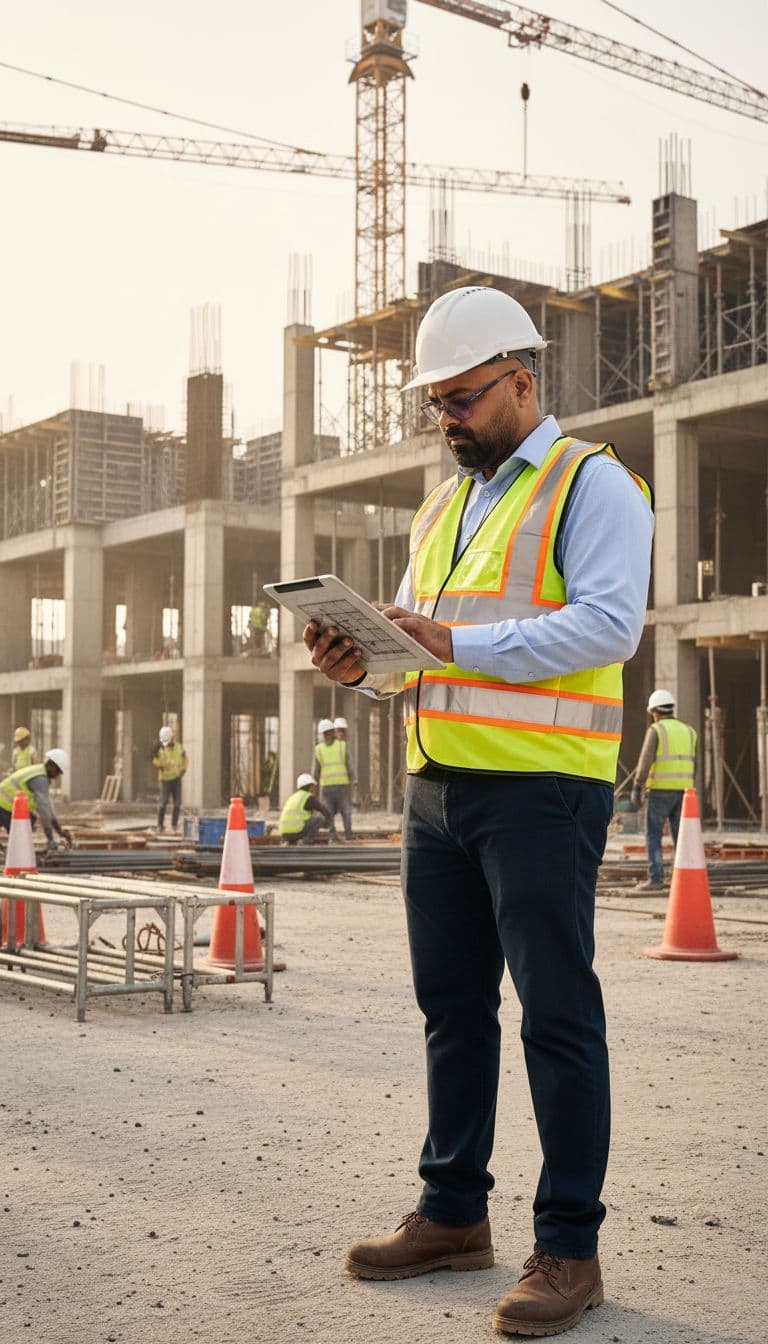 AI generated: A professional site engineer is standing at an active construction site during a routine site visit....