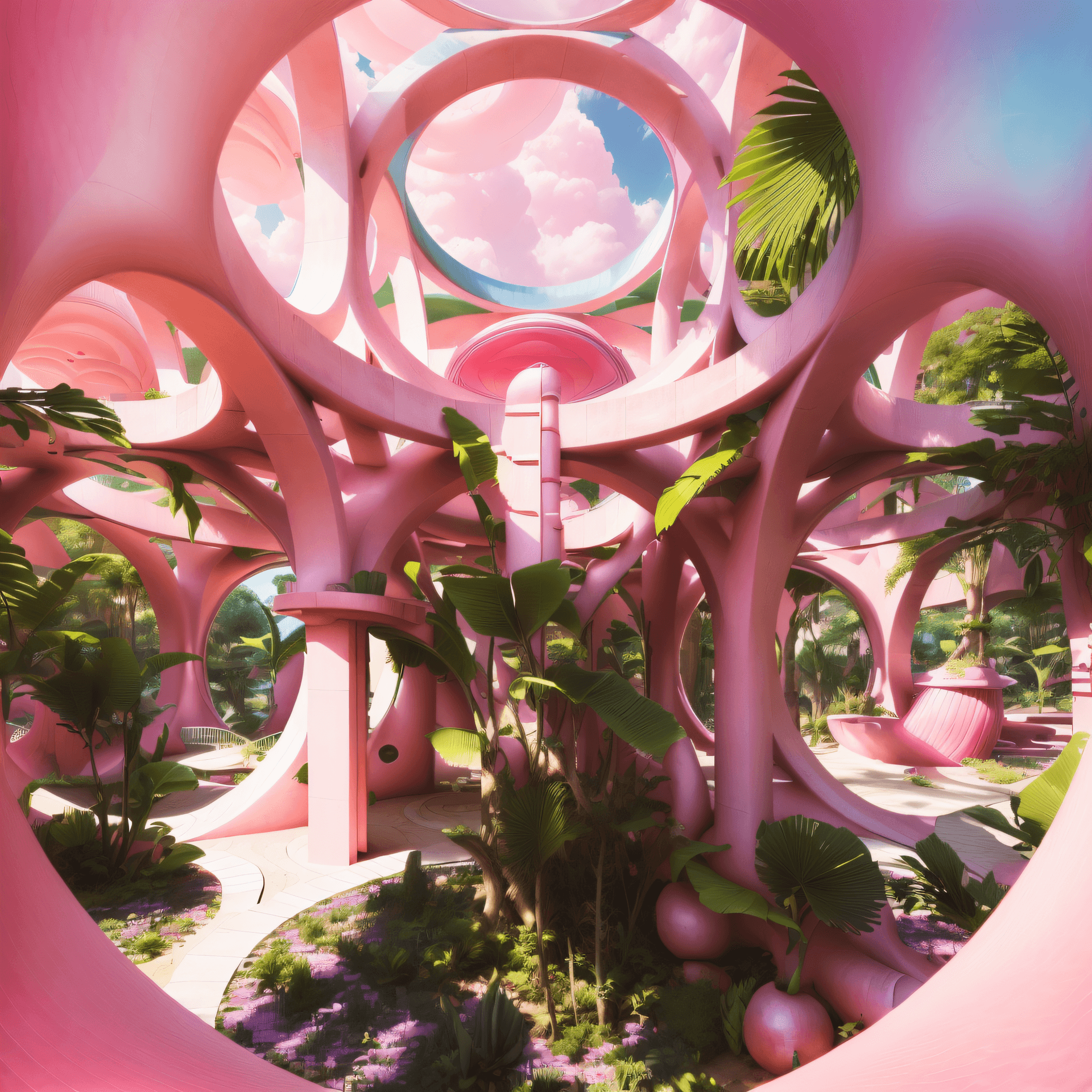 AI generated: there is a circular pink structure with a circular window in the middle, pink arches, psychedelic ar...