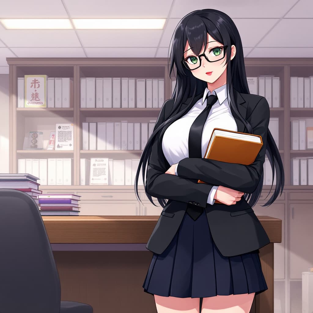 AI generated: anime, woman, black hair, long hair, green eyes, black glasses, red lips, white shirt, black tie, bl...