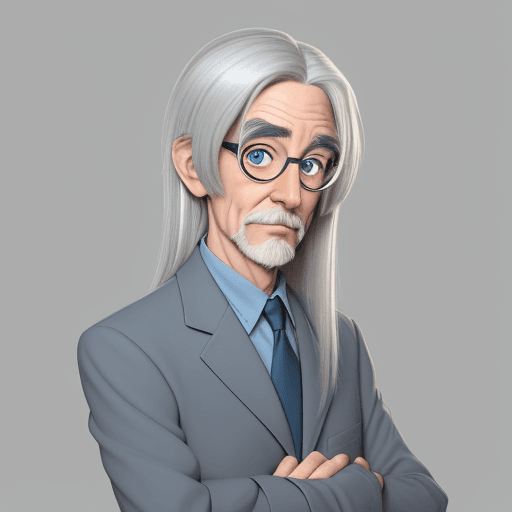 AI generated: Pixar style 80 years architect professor, thin, blue eyes glasses, gray straight hair