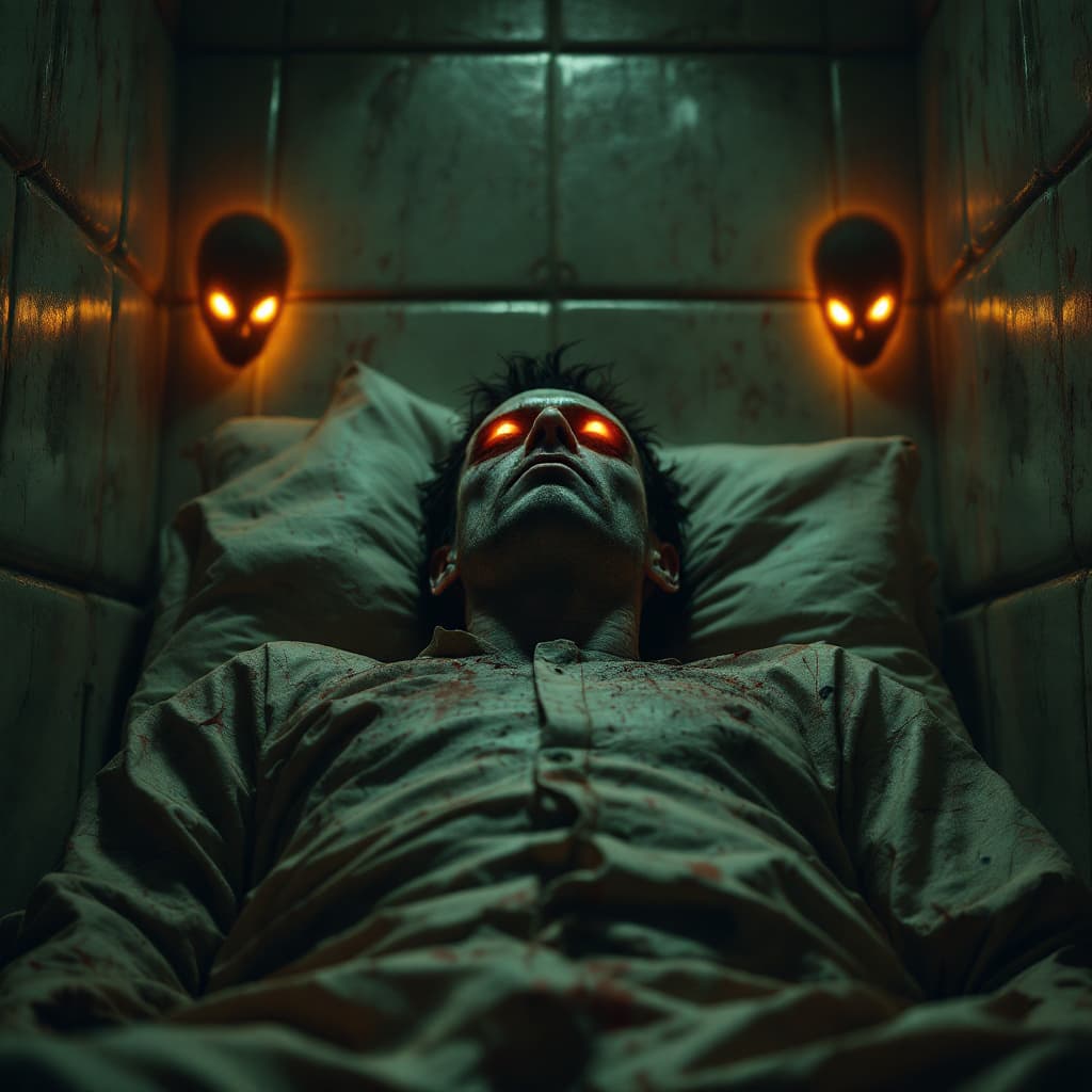 AI generated: close-up portrait of a insane man locked in a padded room.  shadow figures with glowing eyes coming ...