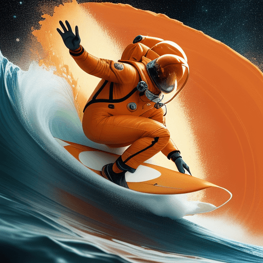 AI generated: The image features a man in an orange space suit riding a surfboard on an orange color wave. The man...