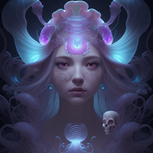 AI generated: Goddess close-up portrait ribcagel. jellyfish phoenix head, nautilus, orchid, skull, pussy,  betta f...
