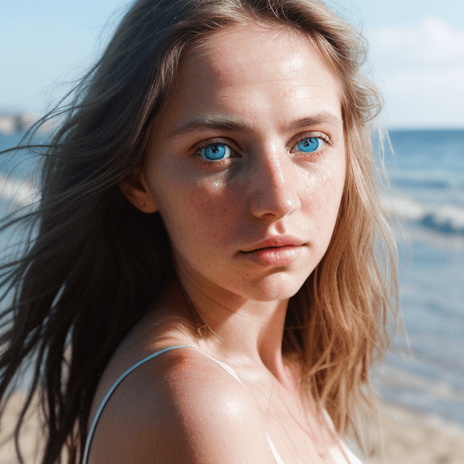 AI generated: a detailed and realistic portrait of a woman with crystal clear round blue eyes and long messy hair ...