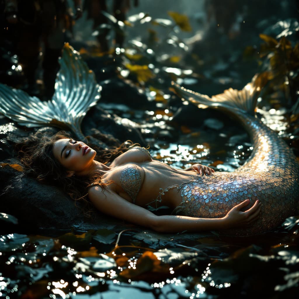 AI generated: A beautiful and enchanting mermaid with a shimmering fishtail, lying on a tropical forest floor cove...