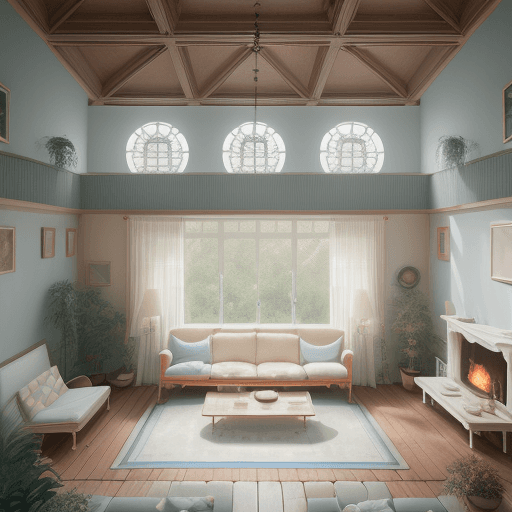 AI generated: High resolution photography interior design, dreamy sunken living room conversation pit, wooden floo...