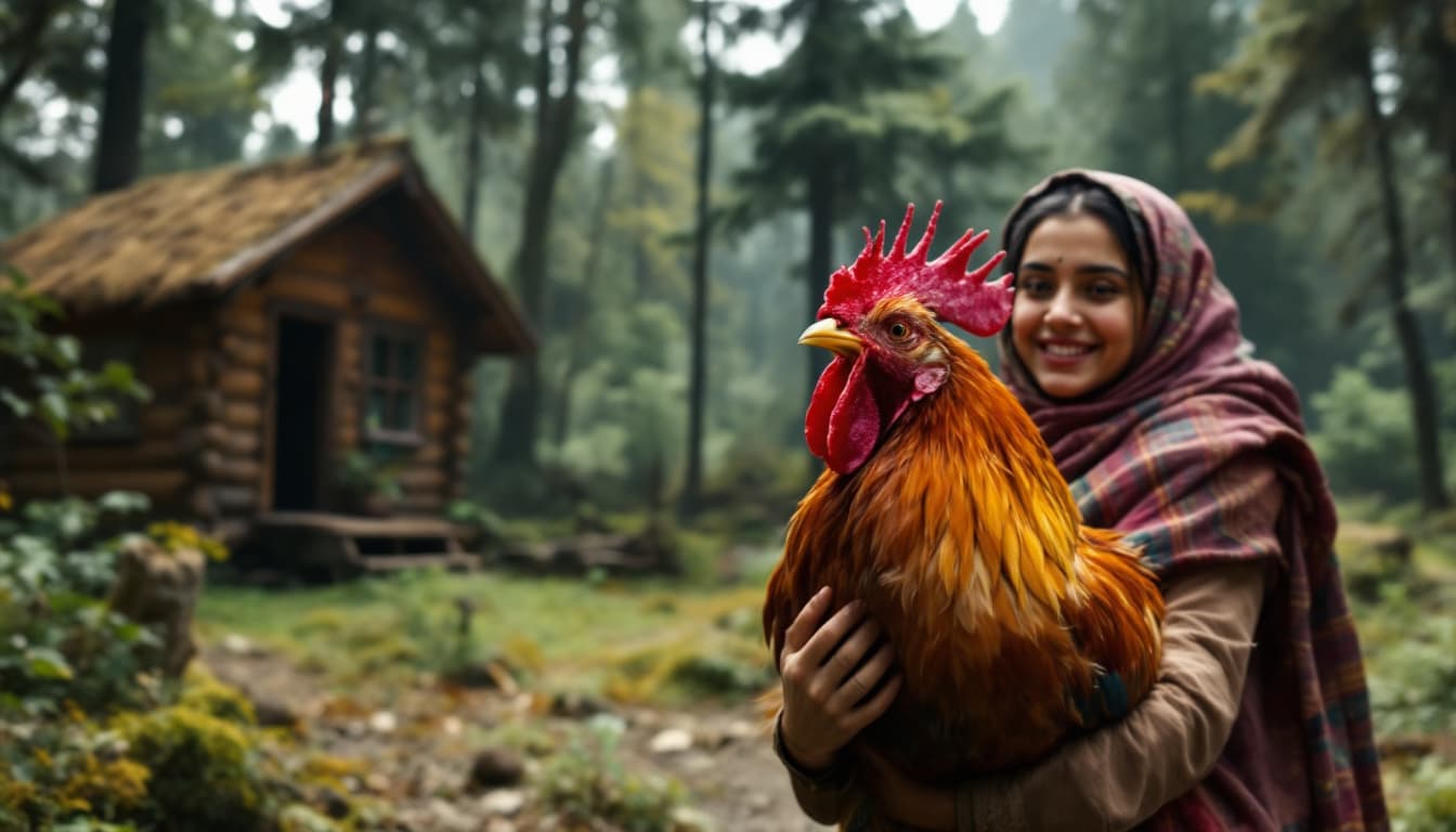 AI generated: Prompt: Close-up of the rooster hopping into Nazanin’s arms, her Gilani lachak fluttering near a woo...