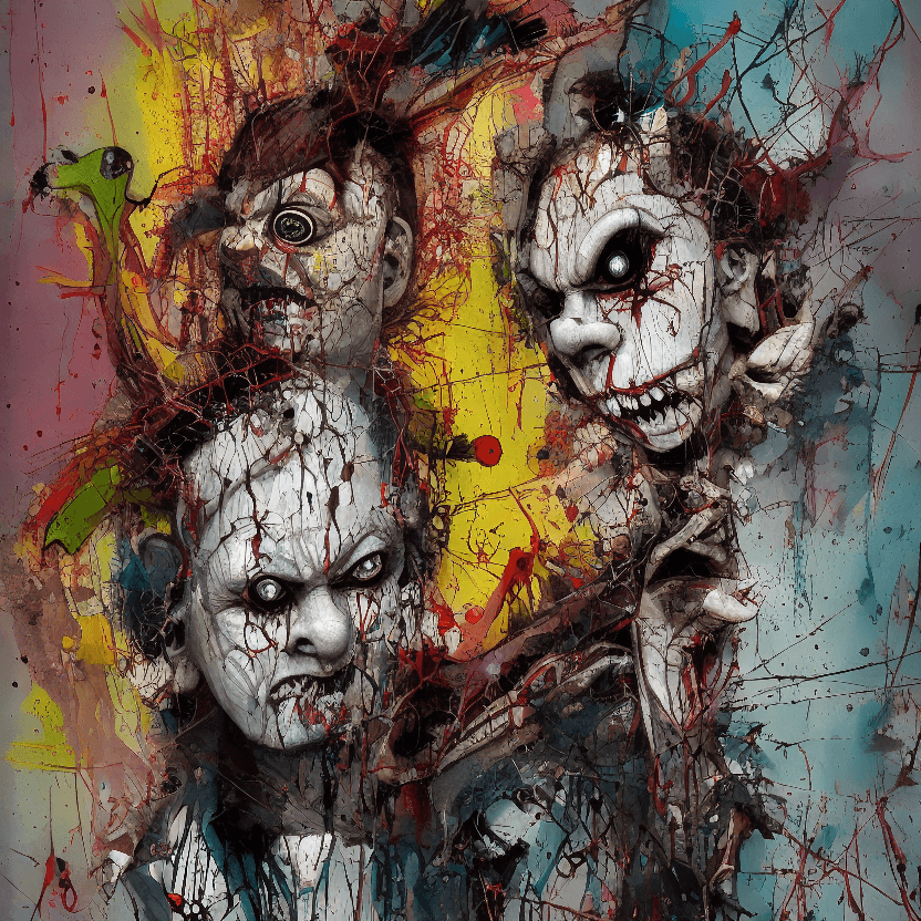 AI generated: Bansky art style, scary clown, dark soul, evil laughter, splash of paint, digital illustration, comi...