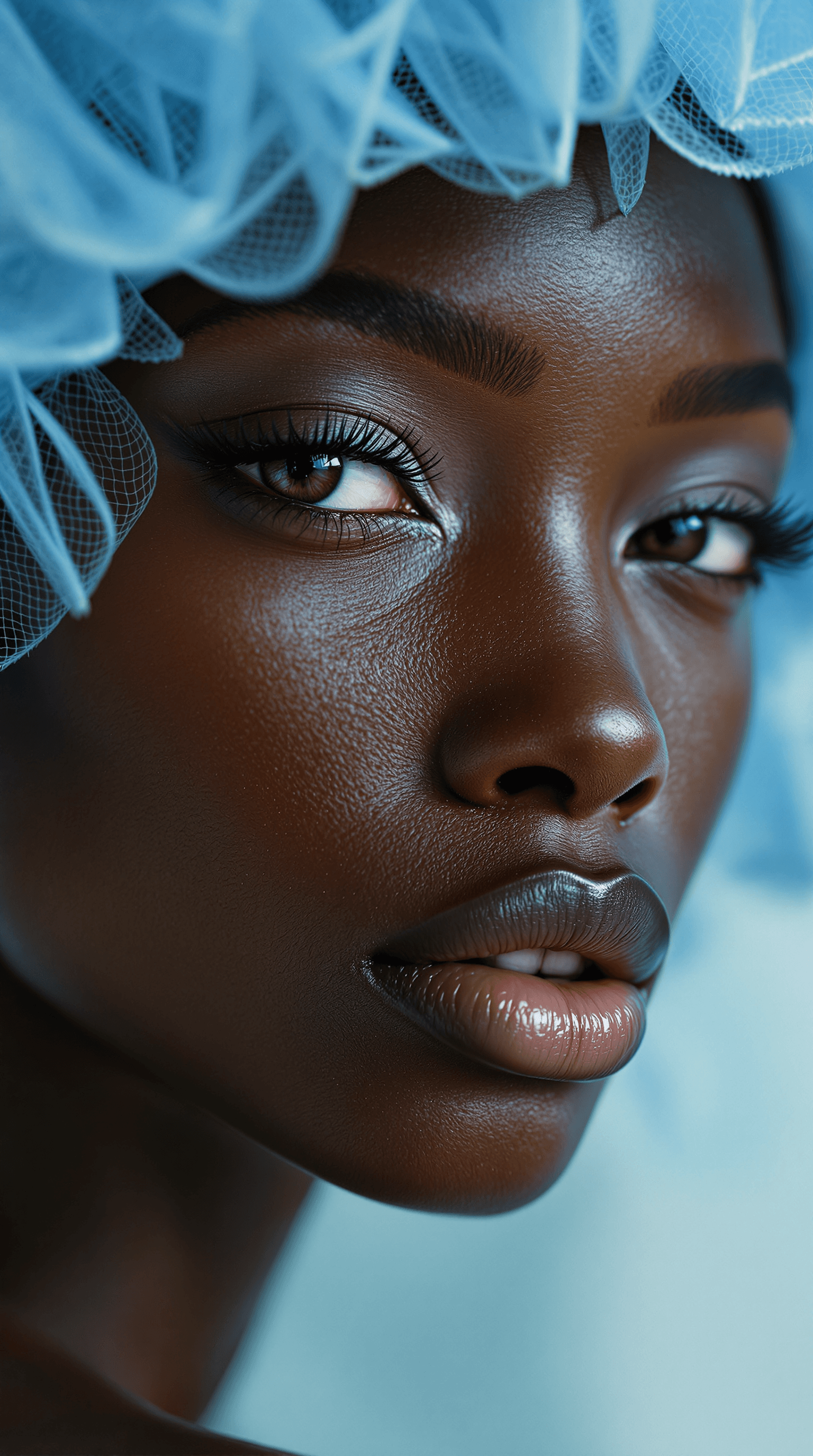 AI generated: fashion editorial, a macro closeup portrait of A young black woman wearing a flamboyant pastel blue ...