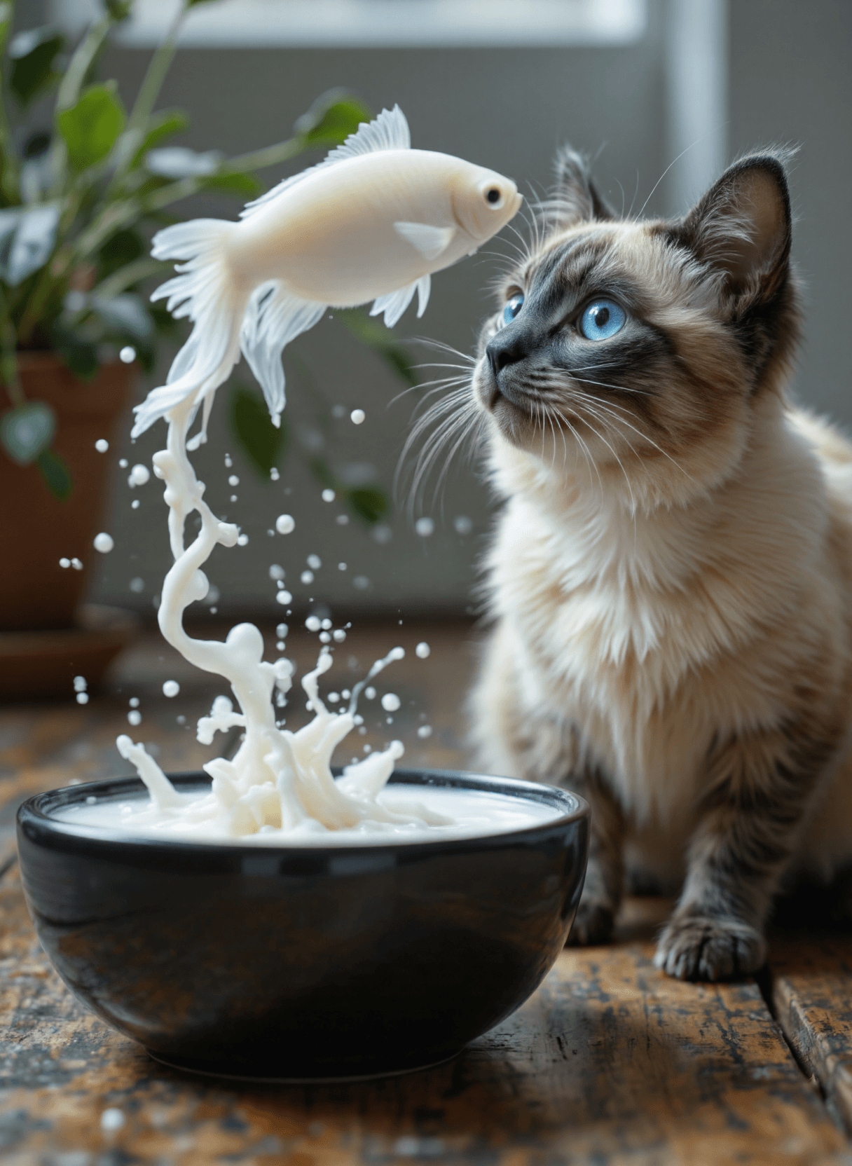 AI generated: The image depicts a playful and whimsical scene featuring a Siamese cat and a fish. The cat, with it...