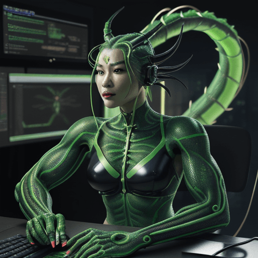 AI generated: cyborg Chinese green dragon| with a visible detailed brain| muscles cable wires| biopunk| cybernetic...