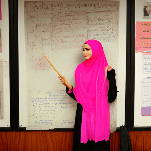AI generated: A Lebanese 21 year old girl wearing a hijab stands seductively at the front of a classroom. She is d...