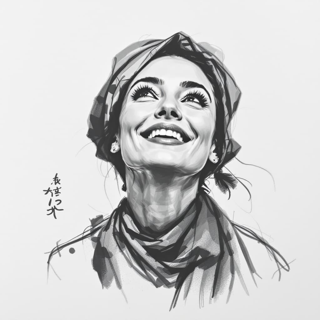 AI generated: Attractive woman, 30s, charcoal sketch, expressive, looking slightly up, wearing a little scarf on h...