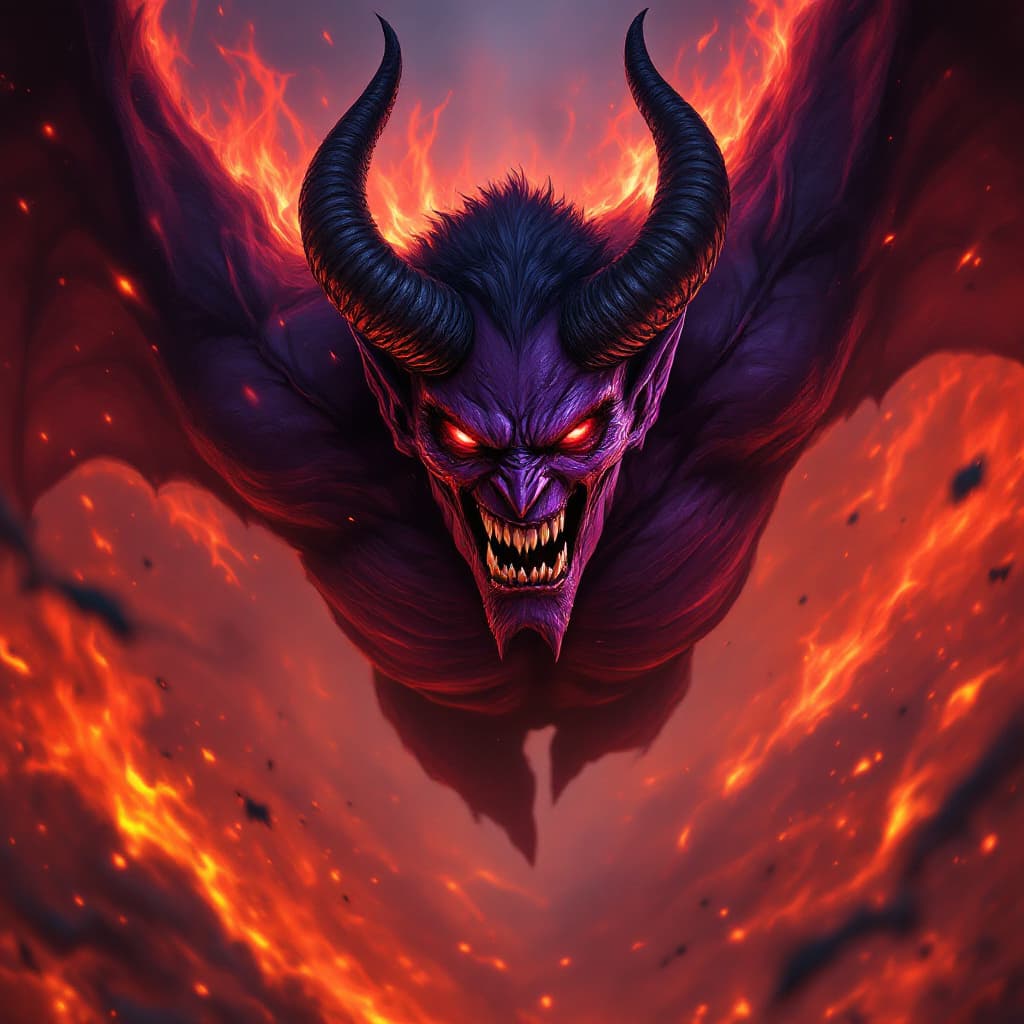 AI generated: Avenging demon with purple skin,piercing red eyes, large horns and bat wings, fierce and intense fac...