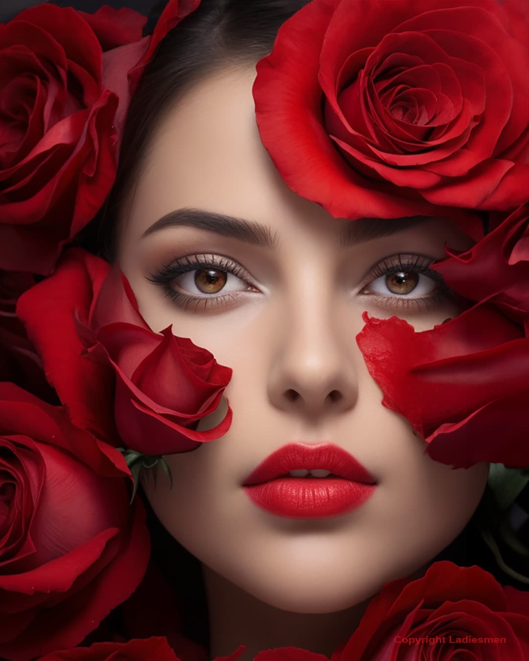 AI generated: Face of women blended with red roses
