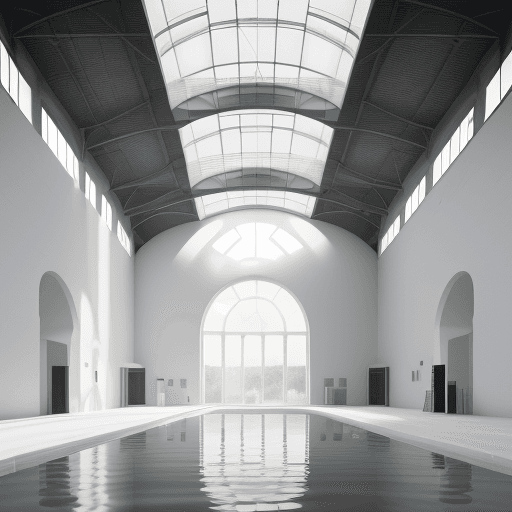AI generated: High resolution photography interior design, Interior view of a white, huge and very high industrial...