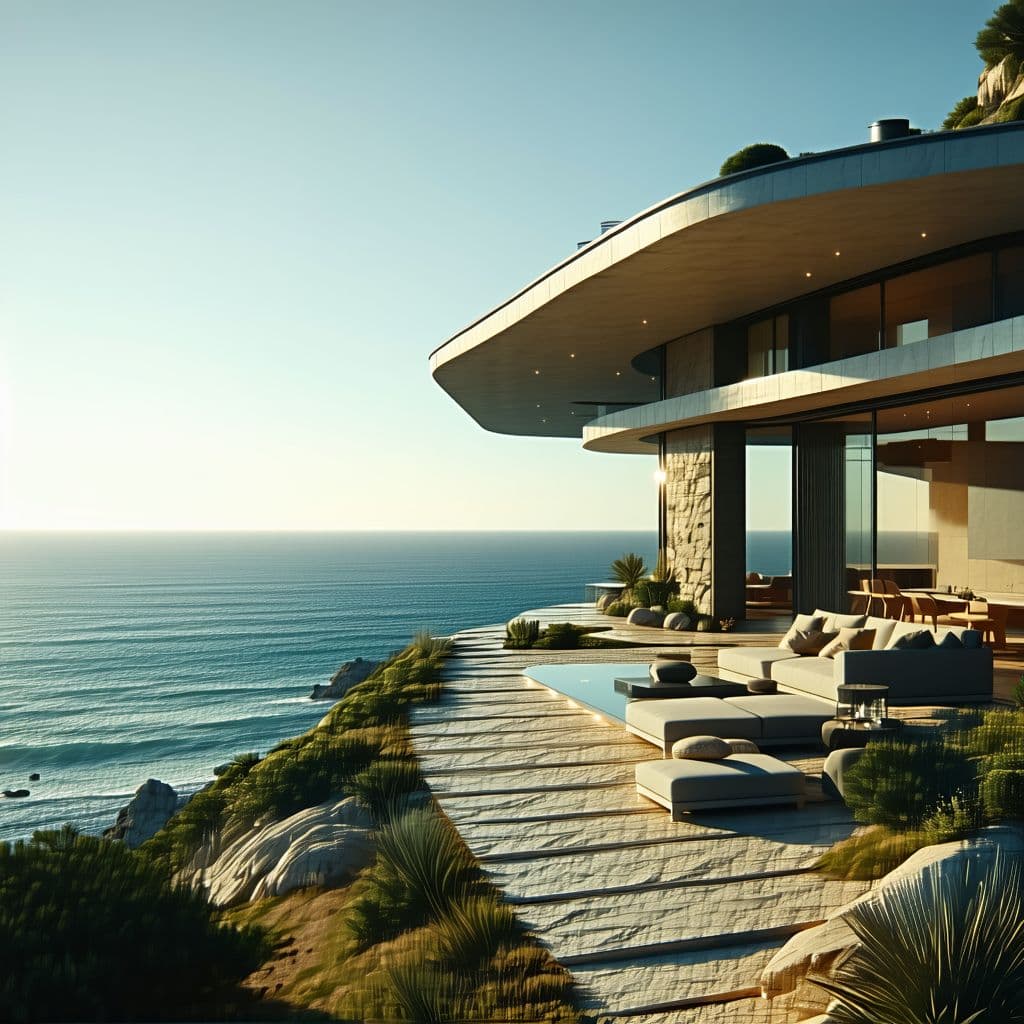 AI generated: Hyper realistic eye level exterior photo of a mid century modern style house overlooking the ocean, ...