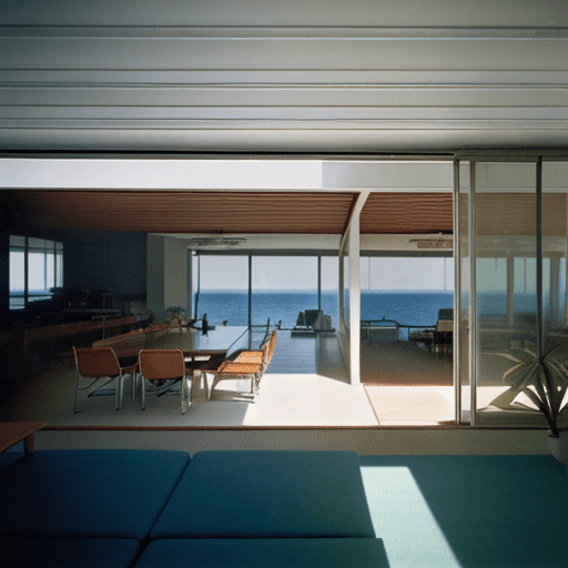 AI generated: Hyper realistic eye level exterior photo of a mid century modern style house overlooking the ocean, ...