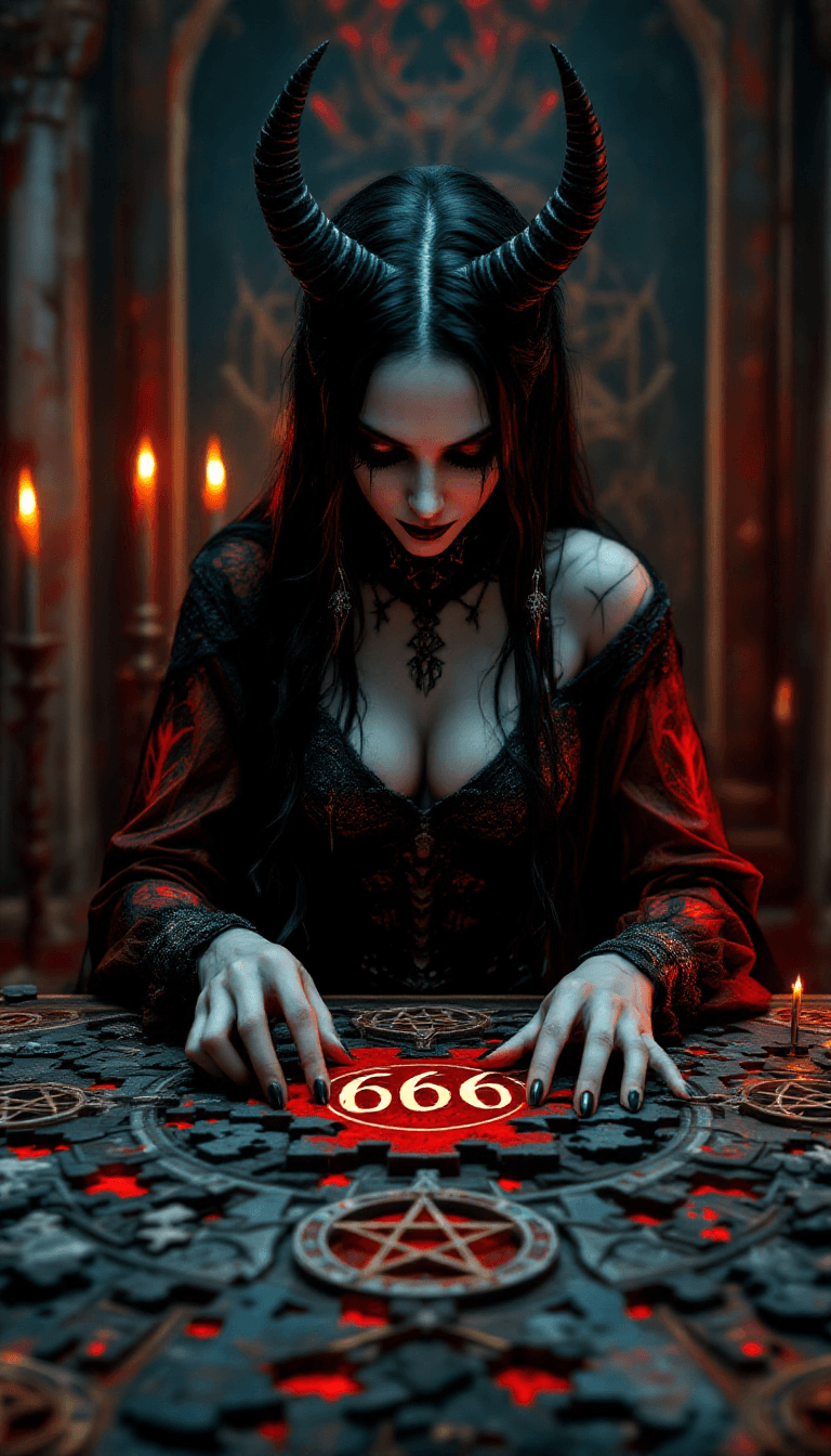 AI generated: An ultrarealistic satanic woman making a creepy puzzle,the puzzle demonstrates “666” numbers,the mat...